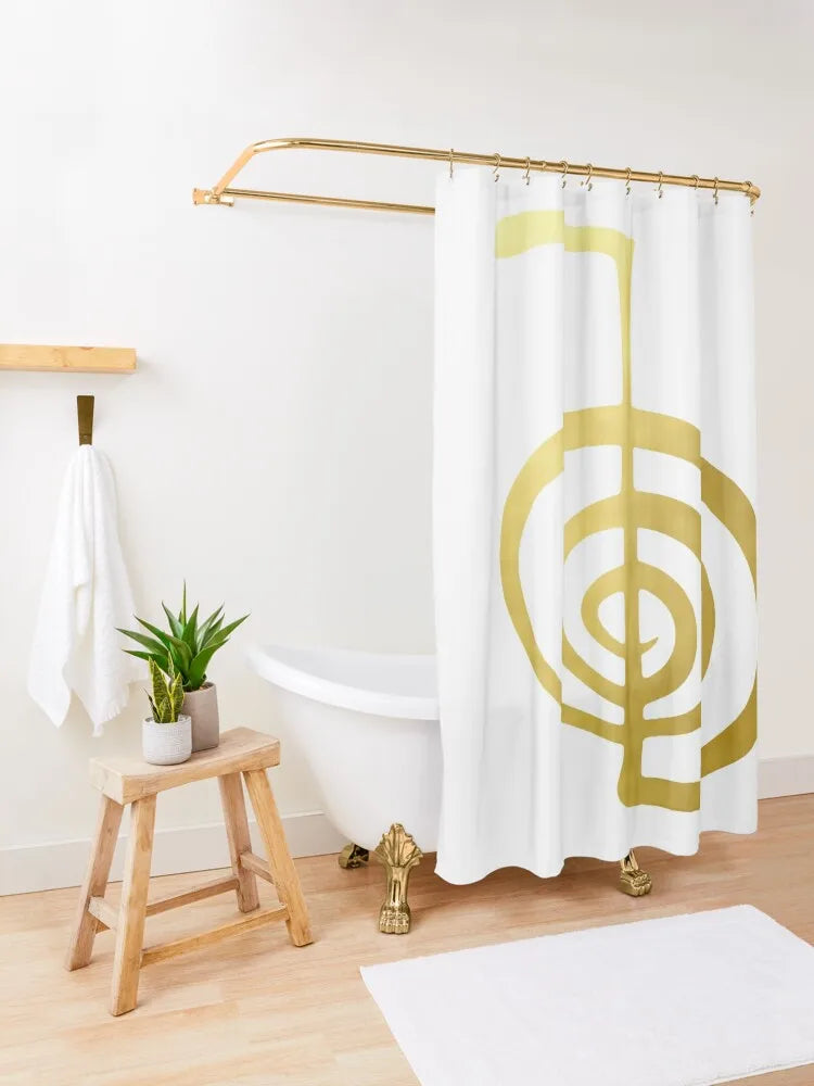 Shower Curtain For Bathroom with Reiki Healing Symbol elemental Gold Power Symbol.